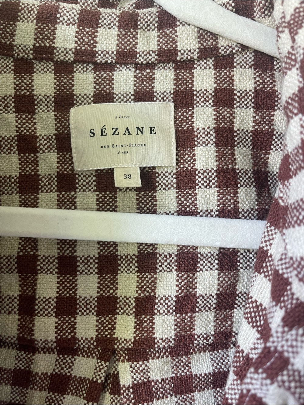 Sezane Brown and Cream Checked Button-Down Shirt Jacket - Picture 2 of 2